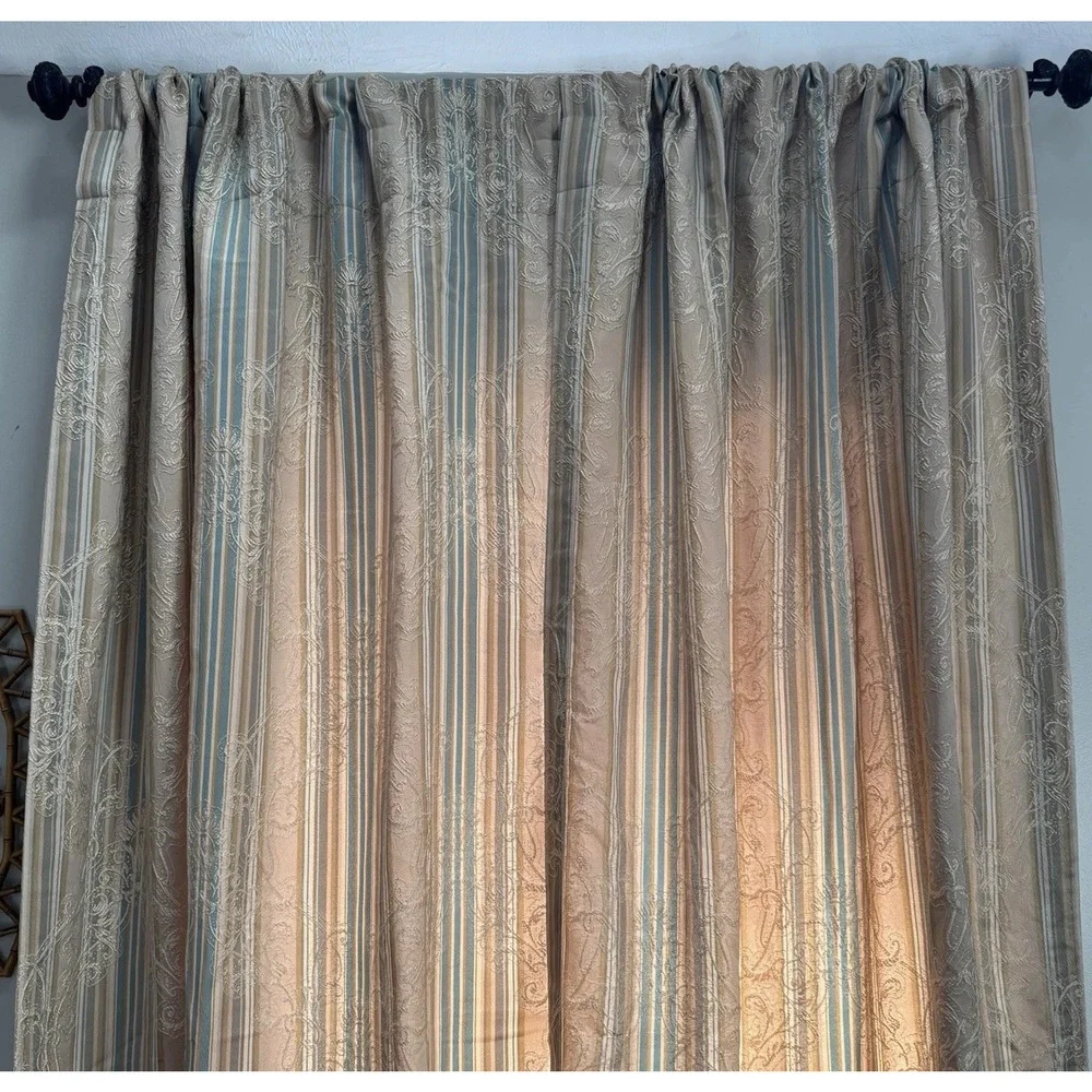 Croscill Home 2 Curtain Panels 40x84 Brocade Fabric Striped Blue Gold Damask